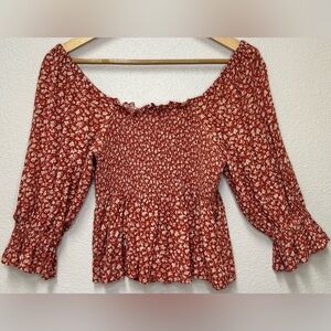 American Eagle floral Smocked peplum hem square neck babydoll blouse